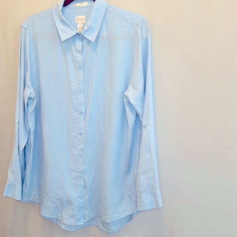Chicos Non Iron Shirt 100% Linen Womens Plus Size 2XL Long Sleeve Roll Tap Top